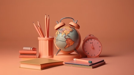 world globe, school stationary and alarm clock. Generative Aiの素材