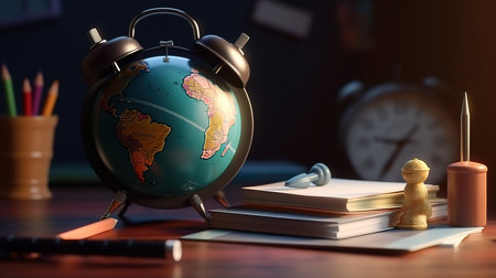 world globe, school stationary and alarm clock. Generative Aiの素材