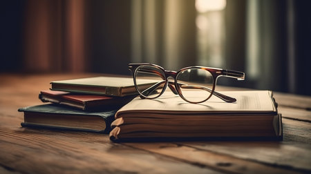 Stack of books with glasses on wooden table in room. Generative Aiの素材