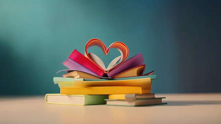 Love of books reading stack of books in the colored cover lay. Generative Aiの素材