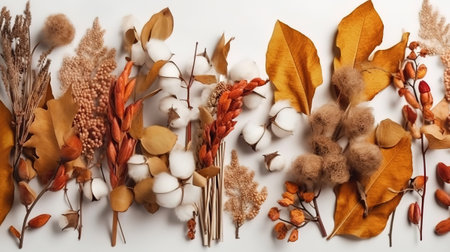 Autumn composition. Pattern made of eucalyptus branches, cotton flowers. Generative Aiの素材