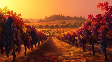 Detail view of vineyard with ripe grapes at sunset. Beautiful grapes ready for harvest. Generative Aiの素材