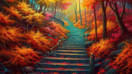 Stairway to forest, bright color. Generative Aiの素材