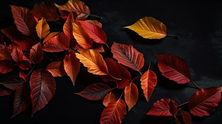 Red autumn leaves on dark background. Fall brown leaves on retro black table, top view. Generative Aiの素材