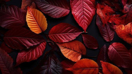 Autumn composition with golden maple and oak leaves on black background. Generative Aiの素材