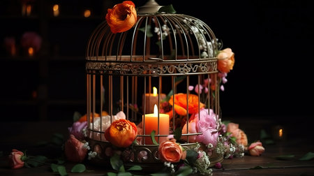 Wedding cage on table full of flowers and candles. Generative Aiの素材