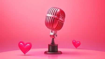 Set of 3d icon isolated on white background. Silver microphone, yellow star, red hart. Generative Aiの素材