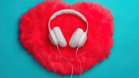 flat lay o redf heart shape pillow and headdphones on blue background. Generative Aiの素材
