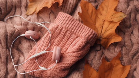 Smartphone with headphones on the cozy sweaters. Top view. Generative Aiの素材