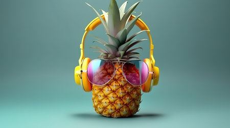 Summer image of stylish pineapple listening to music with headphones. Generative Aiの素材