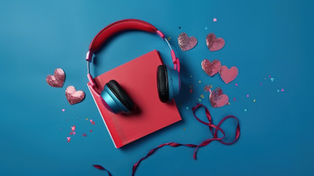 flat lay of red notebook covered with headphones on blue background. Generative Aiの素材