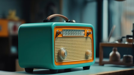 Retro vintage steel FM radio on the desk. Generative Aiの素材