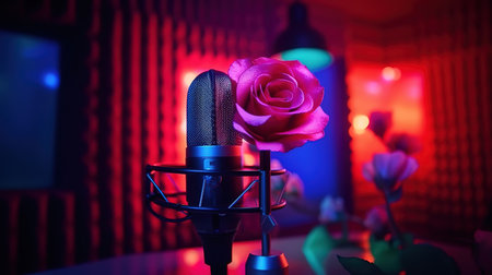 Vocal recording booth, neon rainbow lights. Generative Aiの素材