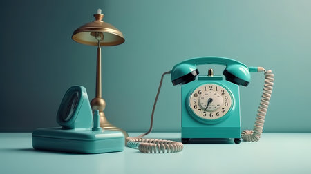 Vintage microphonephone and alarm clock on table on light blue background. Generative Aiの素材