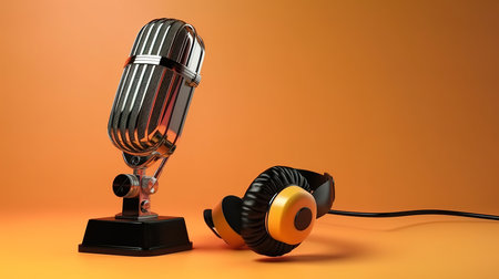 Retro style microphone and headphones on background. Generative Aiの素材