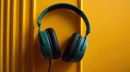 Closeup shot of green headphones hanging on a brick wall. Generative Aiの素材