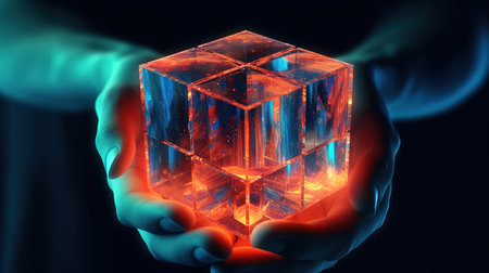 3d rendering hands holding glass cube. People interaction. Generative Aiの素材