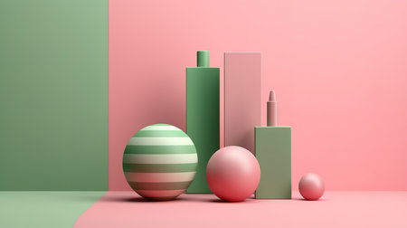 Minimal abstract background for branding and product presentation. green and pink subtle geometric on pink background. 3d rendering illustration. Generative Aiの素材