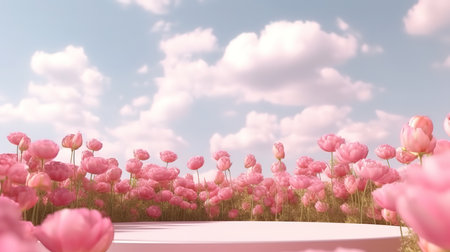 Natural beauty podium backdrop with spring rose flower field . Generative Aiの素材