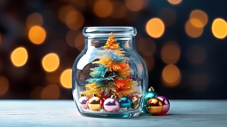 Elegant Christmas tree in glass jar decoration, Bright color. Generative Aiの素材