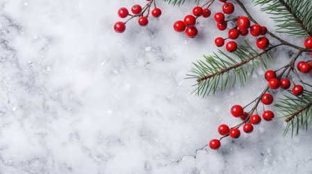 Christmas composition flatlay. Spruce branches, red berries on white background. Generative Aiの素材