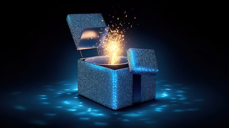 Blue open gift box with magical light. Generative Aiの素材