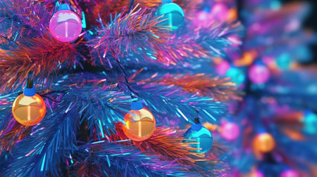 Bright sparkling Pattern of christmas tinsel and new year decorations on a tree. Generative Aiの素材