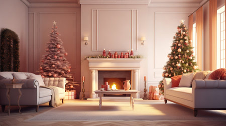 Stylish room interior with beautiful Christmas tree and decorative fireplace. Generative Aiの素材