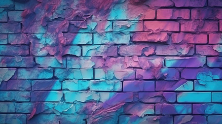Toned brick wall. blue purple magenta teal green rough surface. Generative Aiの素材