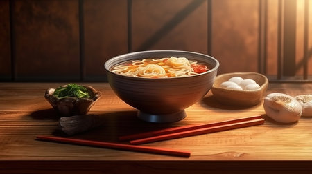 Bowl of noodles with wooden chopsticks on wooden table. Generative Aiの素材