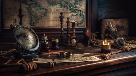 Columbus Day. Vintage worldmap and discovery equipment. Generative Aiの素材
