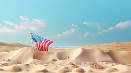 evocative image of a USA flag in the foreground waving in a sandy beach. Generative Aiの素材