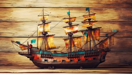 columbus day concept with old ship over wooden background. Generative Aiの素材