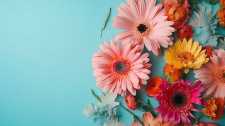 Bouquet of beautiful spring flowers on pastel blue table top view. Generative Aiの素材