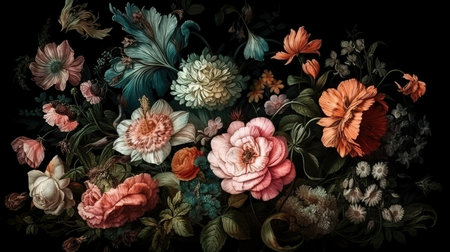 Vintage bouquet of beautiful flowers on black. Generative Aiの素材