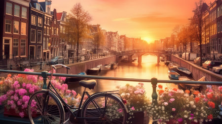 Beautiful sunrise over Amsterdam, The Netherlands. Generative Aiの素材
