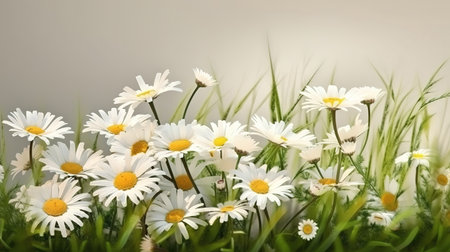 Grass with white daisies against a white. Generative Aiの素材
