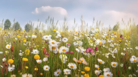 Meadow with lots of white and pink spring daisy flowers. Generative Aiの素材
