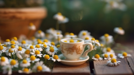 Spring Chamomile Flowers In Teacup On Wooden Table In Garden. Generative Aiの素材