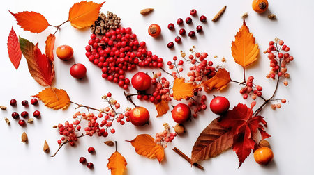 Dried leaves, flowers, rowan berries on white background. Generative Aiの素材