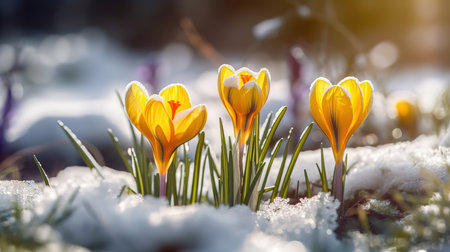 Flowers grow under snow on a spring sunny day. Generative Aiの素材
