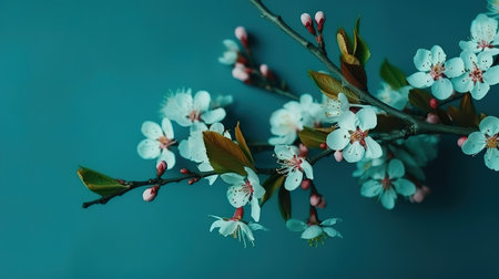 Pretty spring cherry blossom branches on turquoise blue background. Generative Aiの素材