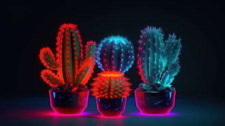 Set Neon Cactus. Minimal creative stillife. Generative Aiの素材