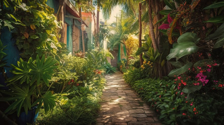 Alley in tropical garden, Bright color. Generative Aiの素材