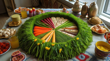 Novruz setting table decoration, wheat grass. Generative Aiの素材