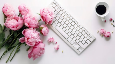 Banner with copy space a blank notebook, pink peony flower. Generative Aiの素材