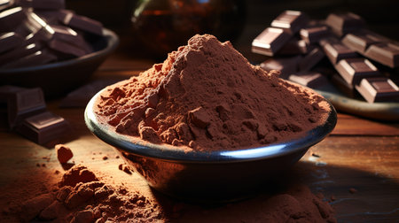 Chocolate pieces with cocoa powder in bowl on wooden table. Generative Aiの素材