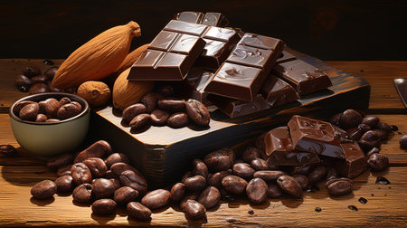 Cocoa beans and chocolate on wooden background. Generative Aiの素材