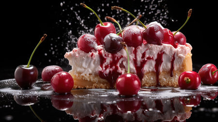 cherry cheesecake on a black background with reflection and flying icing sugar. Generative Aiの素材
