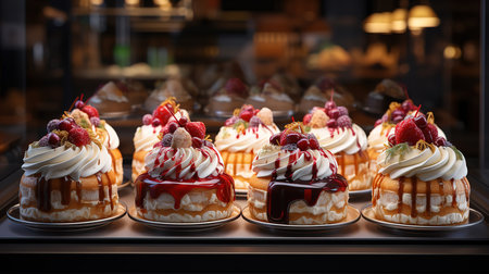 Different types of delicious cakes in pastry shop showcase. Generative Aiの素材